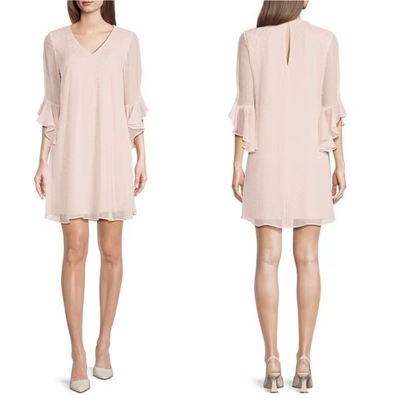 NWT Calvin Klein Dotted Flutter 3/4 Sleeve V-Neck Keyhole Chiffon Shift Dress - Picture 1 of 4